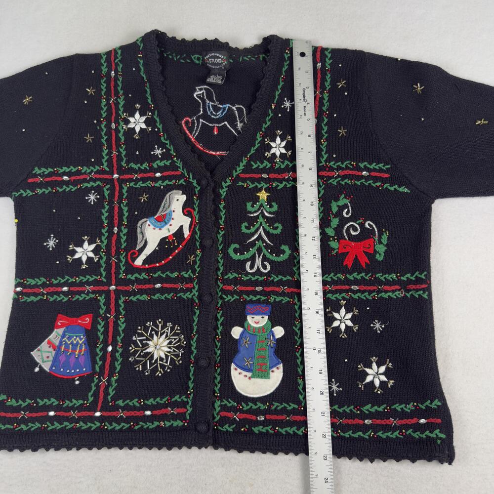 Vintage Embroidered Christmas Cardigan Sweater Rocking Horse Beaded Black Size L - Picture 8 of 10